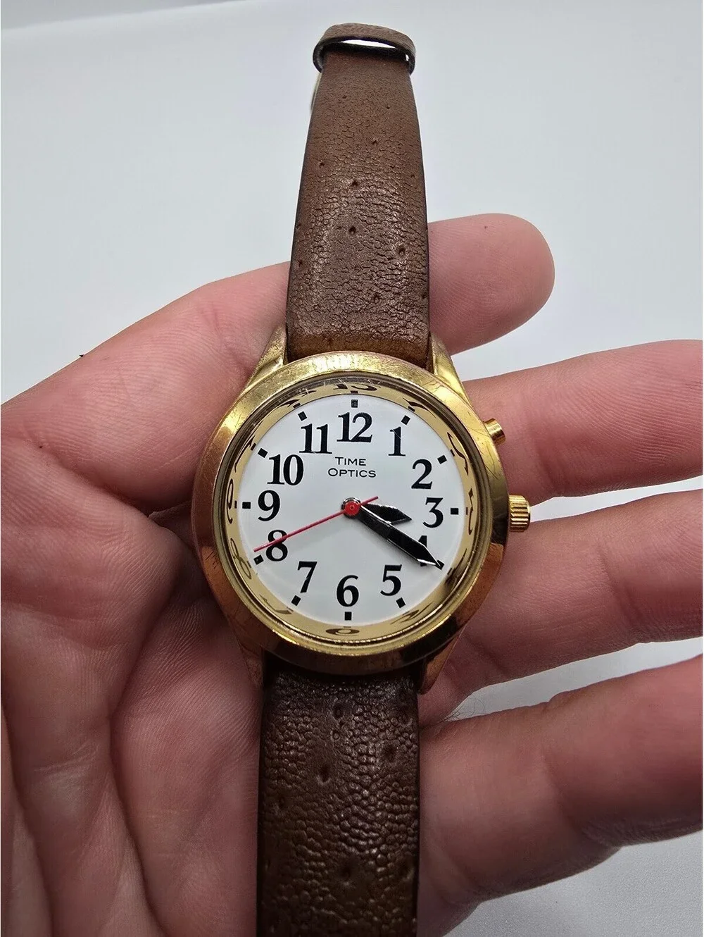 Time Optics Watch White Arabic Dial Gold Tone Brown Leather Strap